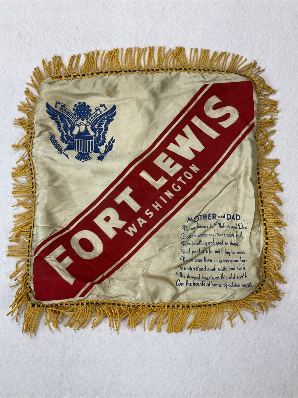 Vintage 1940s U. S. Army Fort Lewis Washington Mother and Dad Pillow Cover